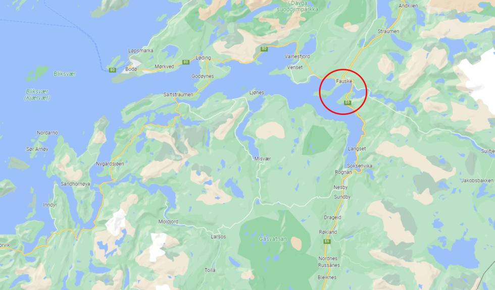 23. desember omkom 276 griser på en gård i Fauske i Indre Salten. Kart: Google maps